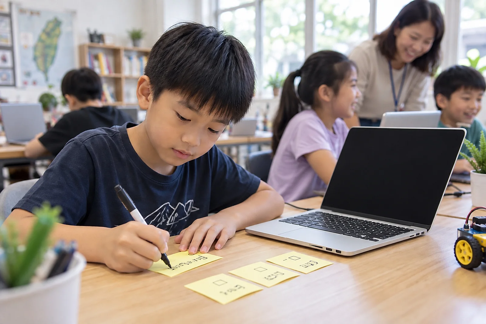 孩子在黃色小卡上寫下驗收條件