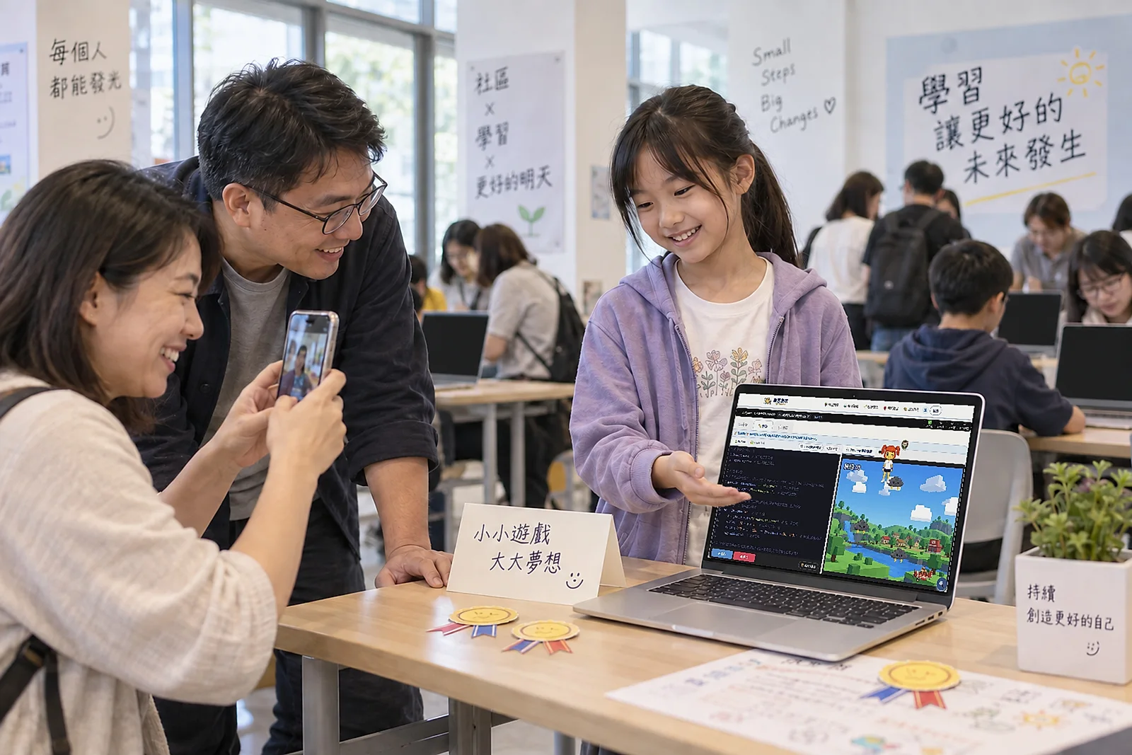 孩子在成果發表會向爸媽介紹自己的作品